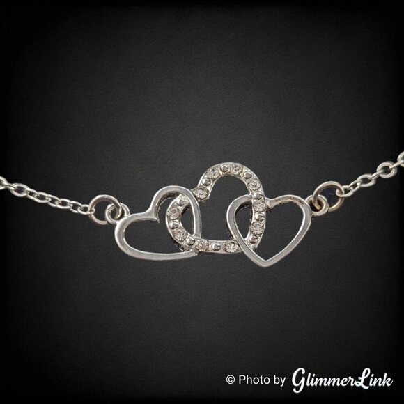 Triple Interlocked Heart Rhinestone Silver Tone Pendant Necklace - Picture 5 of 11